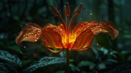 A stunning visual of a tropical lily exuding warmth and light, radiating a soft glow amidst the rich greenery of its natural habitat