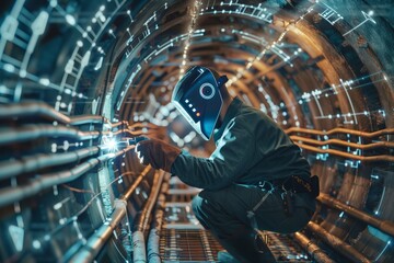 Futuristic worker in high-tech tunnel