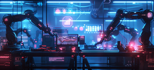 A futuristic scene of robotic arms working on fabric, surrounded by icons representing AI and big data. The setting is an industrial factory with advanced technology elements . Hightech vibe
