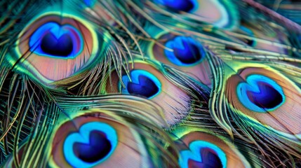 Peacock feathers in sharp focus with a bokeh effect, highlighting the vibrant colors and patterns - obrazy, fototapety, plakaty