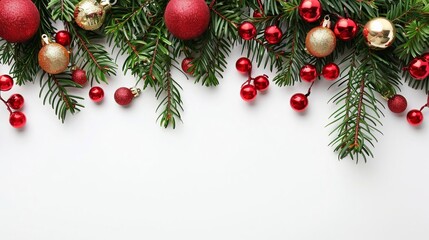 Naklejka na ściany i meble festive christmas greenery border with ornaments on plain background holiday card