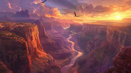 The image captures the grandeur of a canyon with the warm glow of the sunrise, highlighting the...