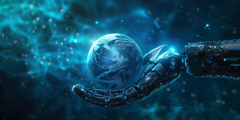  an AI robot hand on a digital globe or planet Earth for a futuristic business concept virtual design  and global network connection