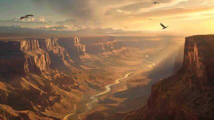 This breathtaking canyon bathed in the golden light of the setting sun, providing a tranquil yet awe-inspiring scene - obrazy, fototapety, plakaty