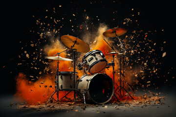 A drum set is shown with a lot of debris and dust