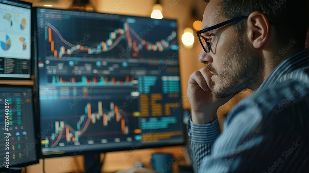 Poster financial trader analyzing stock market data for optimal investment strategy