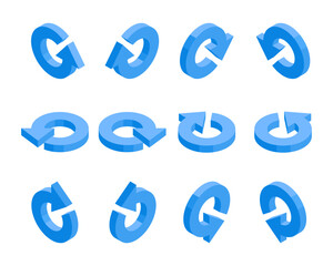 isometric set of round arrows, in color on a white background, pointers for infographics and design