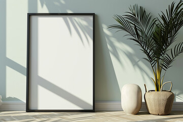Mockup Poster Frame Close Up Laying on Floor in Indoor Plants, minimal decor