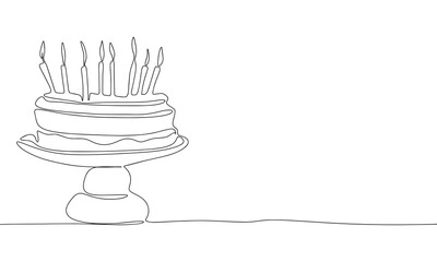Cake one line continuous. Line art cake with candles. Hand drawn vector art.
