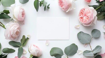 floral wedding stationery mockup with blank invitation card pink roses peonies and eucalyptus leaves on white background
