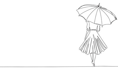 Woman under umbrella one line continuous. Line art woman with umbrella. Hand drawn vector art.