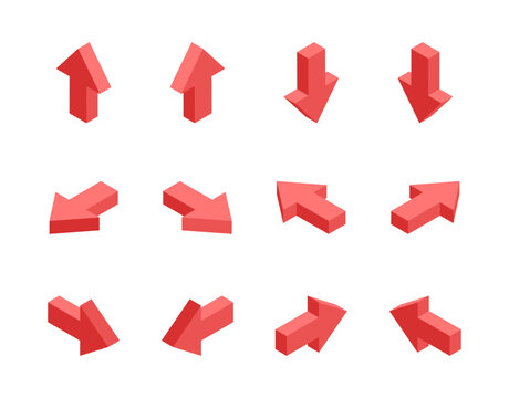 isometric set of arrows, in color on a white background, pointers for infographics and design