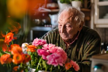 An elderly individual is engrossed in arranging a vibrant assortment of flowers, showcasing a moment of tranquility and the beauty of the mundane