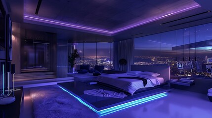 he penthouse bedroom at night was a haven of tranquility - obrazy, fototapety, plakaty