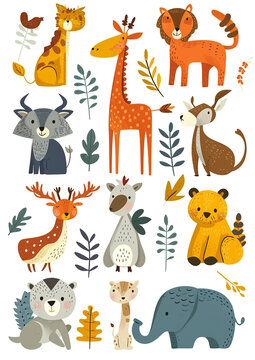 Set of Cute Cartoon Animals on a white background.