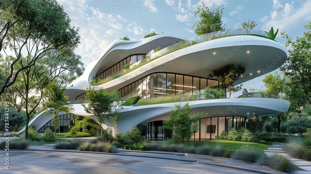 Poster futuristic ecofriendly rd facility with sleek modern architecture 3d rendering