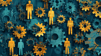 A network of gears and cogs, with people as the central gears, emphasizing the human element in successful collaboration - obrazy, fototapety, plakaty