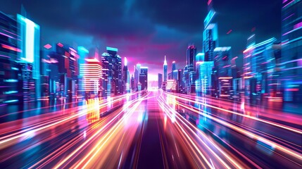 Fototapeta na wymiar futuristic neon city with high speed light trails motion effect 3d illustration
