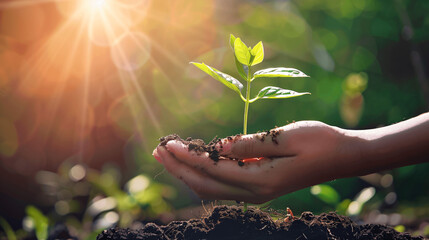 Human's Hand Holding Growing Green Plant For Green Sustainable Development