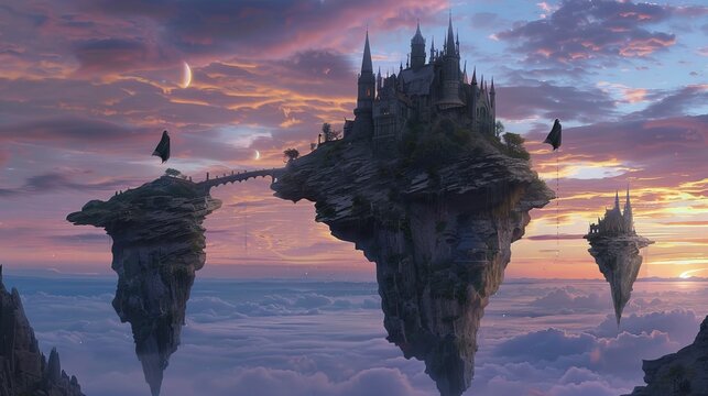 A mystical art piece depicting grand castles hovering over ethereal clouds under a twilight purple sky