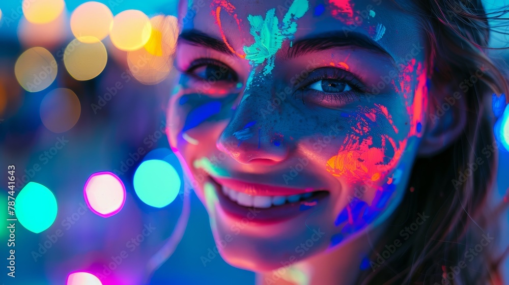 Poster a blurred image of a girl with vibrant bokeh lights creating a magical, festive atmosphere in the ba