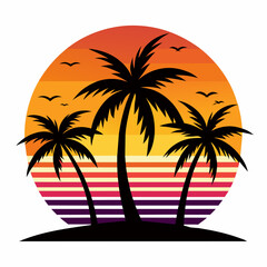 SUNSET WITH PALMS ON WHITE BACKGROUND on white background, Looks clean