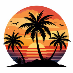 SUNSET WITH PALMS ON WHITE BACKGROUND on white background, Looks clean