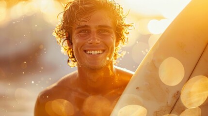A joyful male surfer with curly hair is standing holding his surfboard in sunset light, with water droplets around - obrazy, fototapety, plakaty
