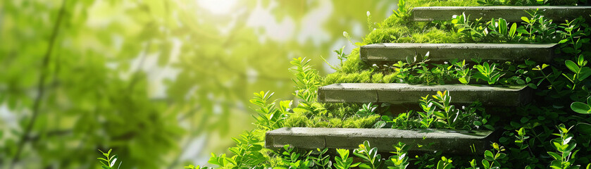 A staircase made of growing plants, each step represents an increase in savings, leading up to a goal marker at the summit - obrazy, fototapety, plakaty