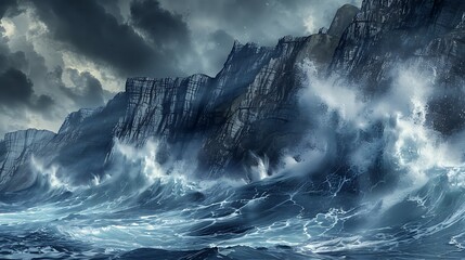 A stormy sea crashes against a rocky coast, the waves reaching high into the air and the wind whipping the water into a frenzy. - obrazy, fototapety, plakaty