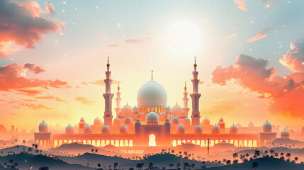 An animated grand mosque with multiple minarets and domes, basked in the warm glow of a setting or rising sun.