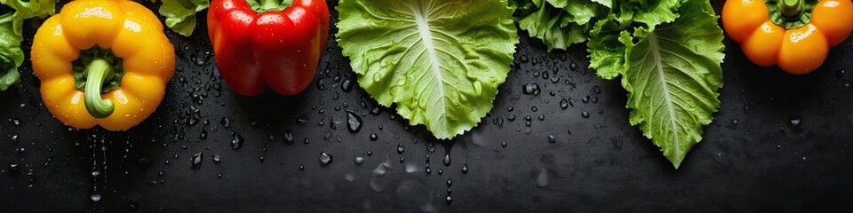 Peppers and fresh lettuce leaves in water drops. Consumption of food and vegetables. Fresh...