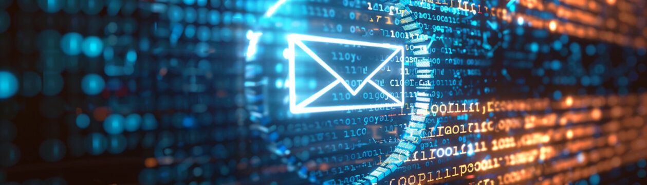 A protective barrier made of binary code encircling an email icon, showcasing comprehensive cybersecurity coverage