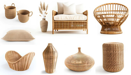Collage of stylish rattan baskets and furniture on white background - obrazy, fototapety, plakaty
