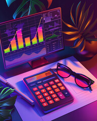 A digital screen displaying a colorful spreadsheet, a calculator and glasses resting on it, illustrating detailed analysis