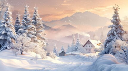 idyllic winter christmas scene with snowcovered landscape holiday banner design digital illustration - obrazy, fototapety, plakaty