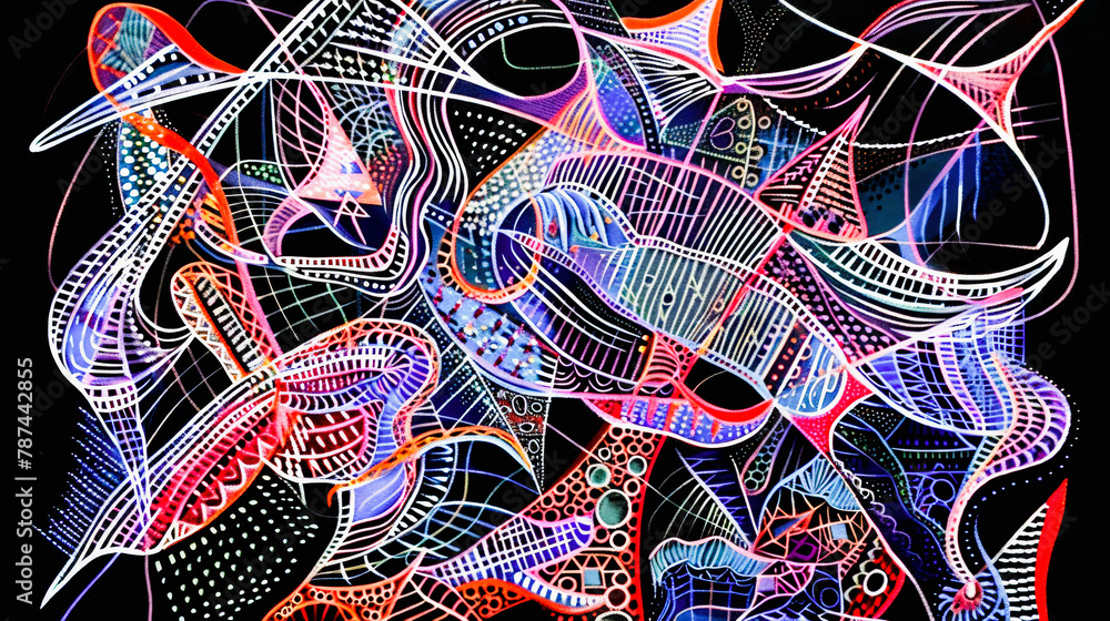 Aufkleber abstract geometric painting with vibrant colors, intricate patterns, and dynamic lines creating a se