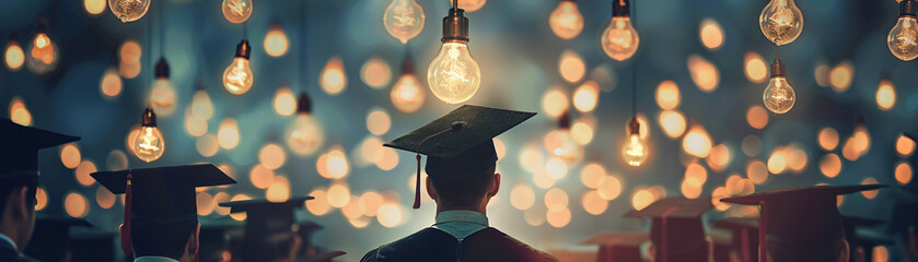 A graduation ceremony with lightbulbs illuminating above each graduate's head, representing the bright spark of wisdom and knowledge - obrazy, fototapety, plakaty