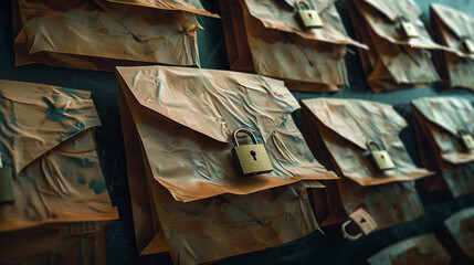 A series of email envelopes, each sealed with a digital padlock, representing the importance of secure communication - obrazy, fototapety, plakaty