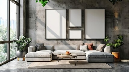 living room interior with empty frame mockup luxurious contemporary apartment 3d rendering