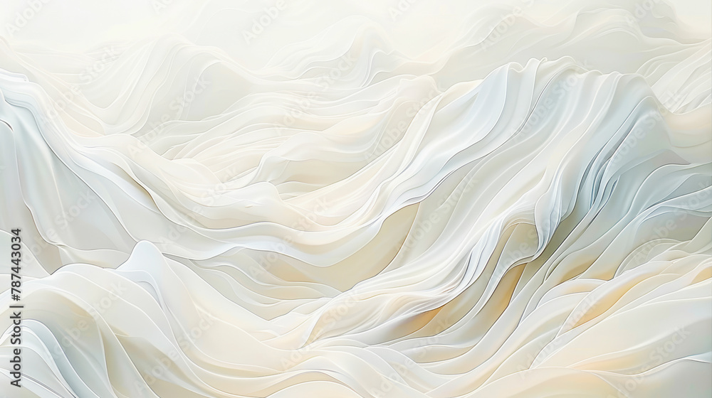Poster soft, flowing textures resembling delicate fabric waves in a serene, abstract cream and white color 