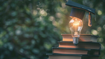A lightbulb glowing over a stack of books, a graduation cap perched on top, symbolizing the enlightenment through education and knowledge - obrazy, fototapety, plakaty