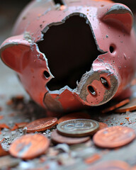 Close-up of a broken piggy bank with a few coins left, symbolizing hope and the will to rebuild after a loss