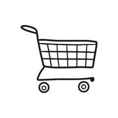 Empty shopping cart in black isolated on white background. Hand drawn vector sketch illustration in doodle engraved line art vintage style. Concept of market shop store equipment for making purchases