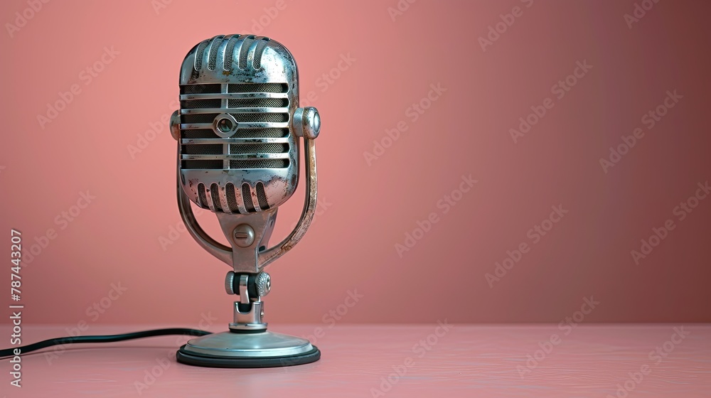 Poster a microphone is on a pink background with space for text. the microphone is silver and has a vintage