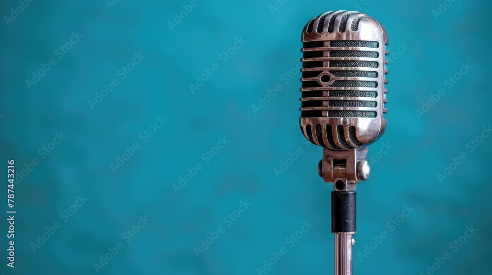 Poster a microphone with space for text. the microphone is on a blue background