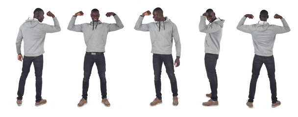 various poses of same man showing her bicep on white background