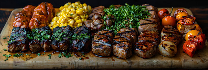 Sizzling BBQ Feast Stock Photography,
Grilled vegetables and meat snacks sausages chicken fillets pork and beef steaks
 - obrazy, fototapety, plakaty