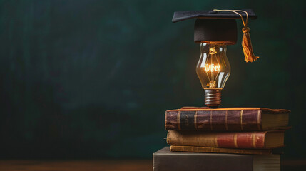 A lightbulb glowing over a stack of books, a graduation cap perched on top, symbolizing the enlightenment through education and knowledge - obrazy, fototapety, plakaty
