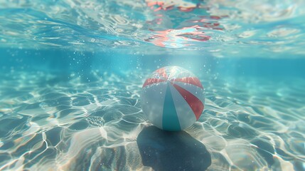 Underwater view of a beach ball floating in the water. The ball is red, white, and blue, and the water is clear and blue.